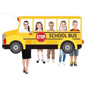 School Bus Photo Props Selfie Frame Back to School Decorations, First Day of School Photo Booth Banner Sign New Semester for Students Teacher Classroom Birthday Party Decoration Supplies