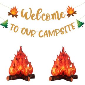 Camping Party Decorations Supplies for Classroom, Gold Glittering Welcome to Our Campsite Banner with 3D Campfire, Camp Bachelorette Party Decor