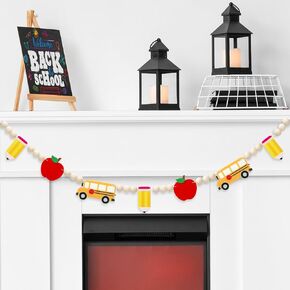 Back to School Felt Banner School Bus Apples Pencil Wood Bead Pre-Strung Garland Funny Hanging Banner for Party Home Classroom Wall Decor