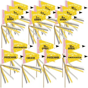 16 Set First Day of School Flag Back to School Pennant First Day of Preschool Sign with Ribbons First Day of School Photo Props for Teacher Student Classroom