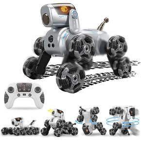 Interactive Robot Dog with Barking Sounds & Music - Smart RC Stunt Toy for Kids Ages 8-13, 8WD 360° Drift, Animated Eye Expressions, Real Dog Actions, 2.4GHz Remote Control Toy (Silver)