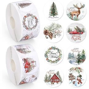 1600Pcs Merry Christmas Stickers Roll 1.5Inch Assorted Xmas Tree Forest Deer Wreath Truck Patterns Round Seal Stickers Winter Self-Adhesive Label Decals for Envelope Present, 16 Designs