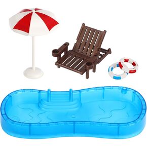 Miniature Dollhouse Pool Set - Doll House Swimming Pool, Mini Swim Ring, Beach Chair Plastic Lightweight, Portable, Fun for Kids