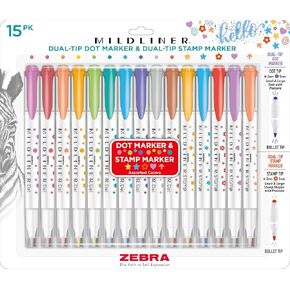Zebra Pen Mildliner Dut-Tip Dot وعلامة الطوابع ، حبر الصباغ القائم على الماء ، نماذج ختم الشكل الناعمة الناعمة ، ألوان متنوعة ، 15 عبوة (73315)