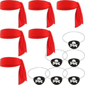 CUBACO Pirate Accessories for Women Men Kids, 6PCS Red Pirate Head Bandana and Eye Patches for Halloween Cosplay Party Favors Supplies Renaissance Dress Accessories Bulk Adult