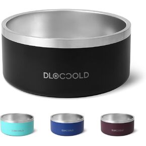 DLOCCOLD Double Wall Insulated Non-Slip Pet Feeding Bowl, Stainless Steel Dog Bowl, 64 oz Metal Dog Food Water Bowls with Rubber Bottom for Medium Large Sized Dog Cat (Black)