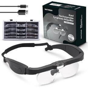 YOCTOSUN Magnifying Glasses with Light, Rechargeable Head Magnifier Glasses with 3 LED Lights and Detachable Lenses 1.5X, 2.5X, 3.5X, 5X, Magnifying Headset for Close Work Hobby Jewelry Crafts