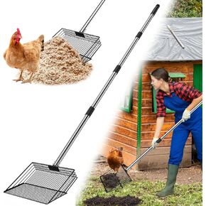 10-inch Chicken Poop Scooper for Sand, 37 to 63" Long Chicken Coop Scoop with Stainless Steel Handle, Chicken Coop Cleaning Rake for Poop, Large Hen Litter Sifter Shovel