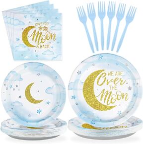 Grencian 96 Pcs Over The Moon Baby Shower Decorations Plates Pastel Blue Moon Tableware Set We Are Over The Moon Baby Shower Supplies Plates Napkins for Boys Gender Reveal Twinkle Little Star Decor