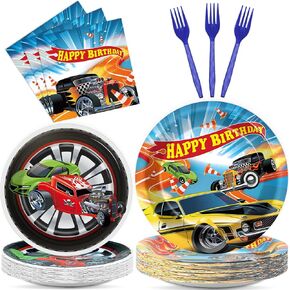 200Pcs Race Car Tableware Dinnerware Set - Disposable Hot Car Party Decoration Paper Plates Napkins Forks for Kids Boy Sport Theme Party Supplies Favor Serve 50