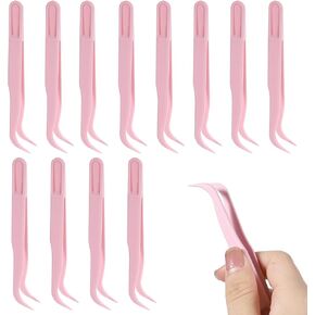 12 Pack Plastic Tweezers for Crafts, Long 4.5 Inch Bent Tweezer, Disposable Stickers Tweezers Bulk for Crafting DIY Bead Jewelry Making Baking Decoration, Pink
