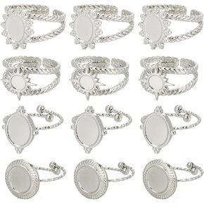 SUNNYCLUE 1 Box 16Pcs 4 Style Stainless Steel Ring Bezels Blank Cabochon Rings Silver Metal Adjustable Open Finger Ring Base Tray Component with Round Pad for Jewelry Making Rings DIY Crafts Women