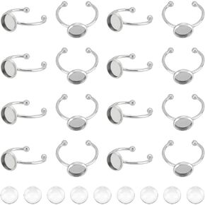 UNICRAFTALE 30Sets Blank Dome Finger Rings 8mm Tray Stainless Steel Adjustable Cuff Finger Rings with 30pcs Glass Cabochon Making Kit Blanks Bezel Components Trays Fit Pad Ring for Jewelry Making
