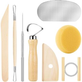 8PCS Stained Wooden Pottery Sculpting Tools, Wood Clay Cleaning Tool Set, Ceramic Modeling Tool for Carving, Molding, Cutting, Trimming, Pottery Wheel, Crafting, Beginners, Adults, Students