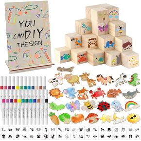 142 Pcs Baby Shower Game Sign Set Includes Decorative Square 52 DIY Blank Wooden Blocks 24 Paint Markers 25 Animal Woodcraft (Wood)