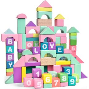 Lewo Wooden Building Blocks for Toddlers, 61 Pcs Montessori Stacking Toys in 9 Colors with Alphabet & Number, Preschool Learning Toys Gifts for Kids 3 4 5 Years Old