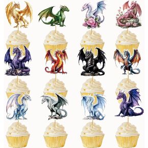36 Pcs Dargon Cupcake Toppers Dargon Cake Decorations Dragon Birthday Party Decorations with Unique Various Dargon Themed Cupcake Toppers for Dragon Party Decorations