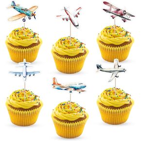 36 PCS Glitter Airplane Cupcake Toppers – Aviation Fighter Theme Baby Shower & Birthday Party Cake Decoration Supplies