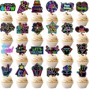 48Pcs Glow Neon Cupcake Toppers, Neon Cake Decorations, Neon Birthday Party Decorations, Lets Glow Party Decorations for Glow Party