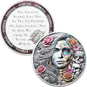 1.57 Inch Motivational Challenge Coin - Eternal Beauty Design with Skull and Flower, Inspirational Quote Gift
