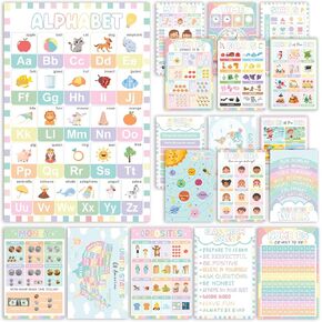 18 Pastel Educational Posters, 1-3-5 - Laminated Learning Posters for Pre-K and Kindergarten, ABC Chart, Numbers, Colors, Shapes, Days of The Week,Classroom Supplies Decor