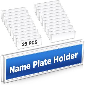 25 Pack Plastic Cubicle Name Plate Holder 8.5" Wide x 2" High Glass Wall Name Plate Holder Clear Acrylic Sign Display Stand for Home Office Business (Suitable for 1/4" Cubicle Wall)