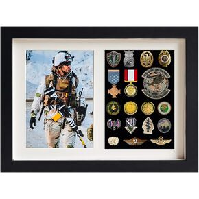 Military Medal Display Case,Shadow Box Medals Display,Military Display Case,12.9" X 9.4" Pin Display Case,Wooden Military Display Case,with 5X7 Photo Frame,98% UV Protection (Black)