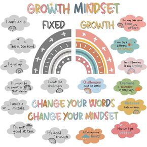 Kapitomanio 30pcs عقلية النمو ملصقات Boho Rainbow Classroom Growth Mindset Bulletin Board