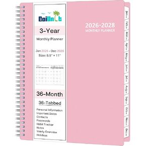 مخطط شهري 2026-2028 ، مخطط تقويم 36 شهرًا 2026-2028 من يناير 2026-ديسمبر 2028 ، 8.5 '× 11' مع ​​انتشار محكم ، غطاء مرن ، سلك دوامة ، جيب ، علامات تبويب مطلية ، ملاحظات ＆ العادة