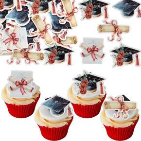 Gyufise 48Pcs Edible 2025 Graduation Cap Cupcake Toppers Diploma Party Decorations Class of 2025 Grad Cap Cupcake Picks for 2025 Graduate Theme Party Cake Food Supplies Black