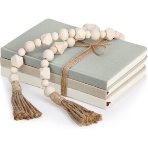 3 Pieces Linen Covered Decorative Books Set for Home Coffee Table Decor 8.5 x 5.7 Inches Faux Books with Wood Bead Garland Rustic Farmhouse Stacked Books Decor for Shelves Living Room Mantle in Kuwait