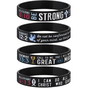 Sainstone 4-Pack Power of Faith Christian Bible Verse Silicone Bracelets - Philippians 4:13, Ephesians 6:10, Romans 12:2, Jeremiah 33:3 - Religious Scriptures Wristbands Church Gifts