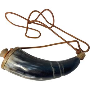 Gun Powder Horn With Leather Strap - 8 Inches Civil War Re-Enactment - Hand Carved Black Powder Battle Horn for Mountain Man