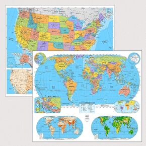 US & World Intermediate Laminated Classroom Map Pack by BrightWay Educational | 36" x 30" Educational Wall Maps | Bright Colors | Large Fonts | Grades 6+ | Geographical Features | National Capitals & Major Cities (With Educational Panels)
