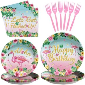 Grencian 96 Pcs Flamingo Birthday Party Supplies Disposable Flamingo Plates Napkins Forks Tableware Set Luau Tropical Hawaiian Party Decor for Summer Girls Kids Birthday Party Serves 24
