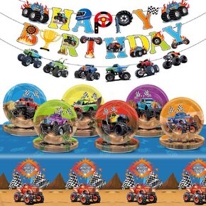 82 Pcs Monster Truck Birthday Party Decorations - Paper Plates, Tablecloth, Banner for Monster Truck Themed Party