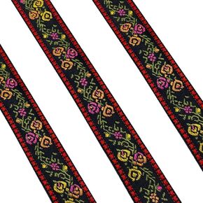 50 Yards Black Red Floral Jacquard Ribbon Trim Tape Vintage Nylon Embroidery Boho Ribbons Flower Embroidered Woven Lace Fabric Applique for Sewing Making Crafts Clothes Dresses Embellishment