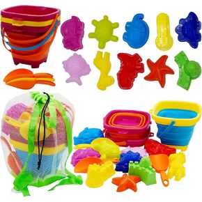 4E's Novelty 17 Pcs Beach Toys for Kids Travel - Sandcastle Building Kit 3 Collapsible Beach Bucket, 3 Shovels, 10 Sand Molds & Mesh Beach Bag, Collapsible Beach Toys for Kids