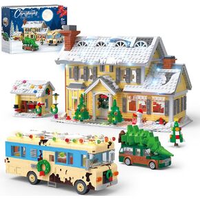 Snow Village Building Set,4 in 1 Christmas Vacation Holiday House&Cousin Eddie's RV&Picup Truck&Garage Building Blocks Model Kit Compatible with Lego for Child Adults(2056PCS)