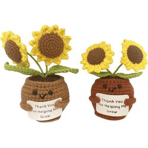 2PCS Sunflowers Positive Crochet Handcrafed Emotional Support Poted Plant Creative Knitting Dolls with Positive Affirmation Card Ideal Gifts for Room Decor Car Home Office