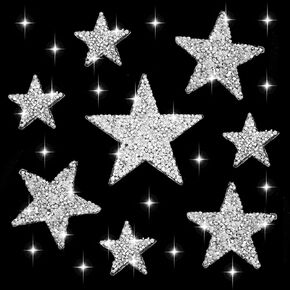 Lusofie 24 Pcs Star Iron on Patches, Rhinestone Iron on Star Patches Adhesive Applique Patches Glitter Star Patches Multiple Sizes Patches for Clothes Hats Pants Jackets and Backpacks(Silver)