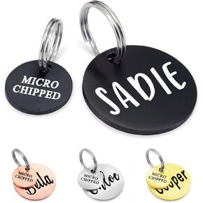 Ultra Joys Small Dog Tags Engraved for Pets - Microchipped Dog Name Tags Personalized - Cat Tags Personalized Small Both Sides Engraved - Pet Tag Round with Microchipped Tag Small Silver