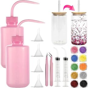20 PCS Snow Globe Supplies ، DIY Snowglobe Tumbler Starter Kit مع زجاجات من اللمعان ، زجاجة ضغط بلاستيكية ، قمع صغير ، ملاقط ، محقنة عازمة لصنع الكوب الوردي (غير متضمن)