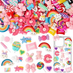 DTOFOOT 100Pcs Slime Charms Bulk Assorted Pink Resin Charms Flatback Resin Ornament for DIY Craft Making Phone Case Accessories Crafting Scrapbooking Embellishments Nail Art Design Supplies