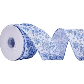 Blue Floral Wired Ribbon 2.5 Inch Vintage Flower Chinoiserie Printed Fabric Ribbon for DIY Crafts Wreath Bow Making, 15 Yards