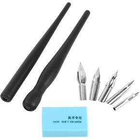 5 Dip Pens, 2 Nib Holders Plastic, 5 Dip Pen Nibs Black Interchangable Dip Pens with Eraser Stainless Steel Dip Pens Set for Manga Cartoon Comic Drawing Painting 1 Set