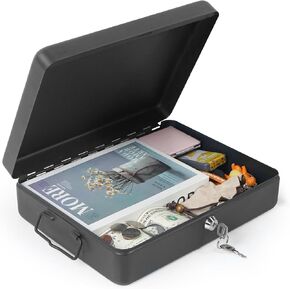 DreamsEden Metal Storage Box with Key Lock - Small Keepsake Letter Treasure Money Documents Container Secret Safe Case with Lid, Black, 11.75''L x 9''W x 3''H