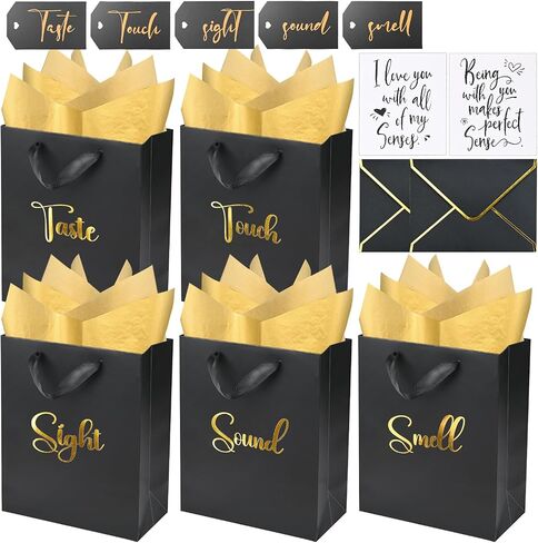 Gold Foil 5 Senses Gift Bags for Him with Labels Envelopes and Cards, Sight Smell Touch Taste Sound Gift Bags with Tissue Handle for Birthday, Anniversary, Mother's Day, Valentine's Day（10x8x4inch） in Kuwait