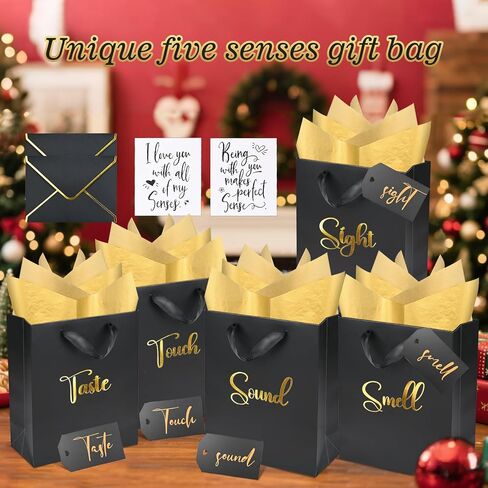 Gold Foil 5 Senses Gift Bags for Him with Labels Envelopes and Cards, Sight Smell Touch Taste Sound Gift Bags with Tissue Handle for Birthday, Anniversary, Mother's Day, Valentine's Day（10x8x4inch） in Kuwait