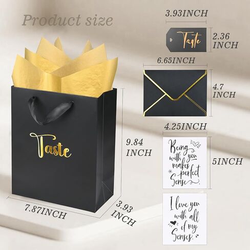 Gold Foil 5 Senses Gift Bags for Him with Labels Envelopes and Cards, Sight Smell Touch Taste Sound Gift Bags with Tissue Handle for Birthday, Anniversary, Mother's Day, Valentine's Day（10x8x4inch） in Kuwait